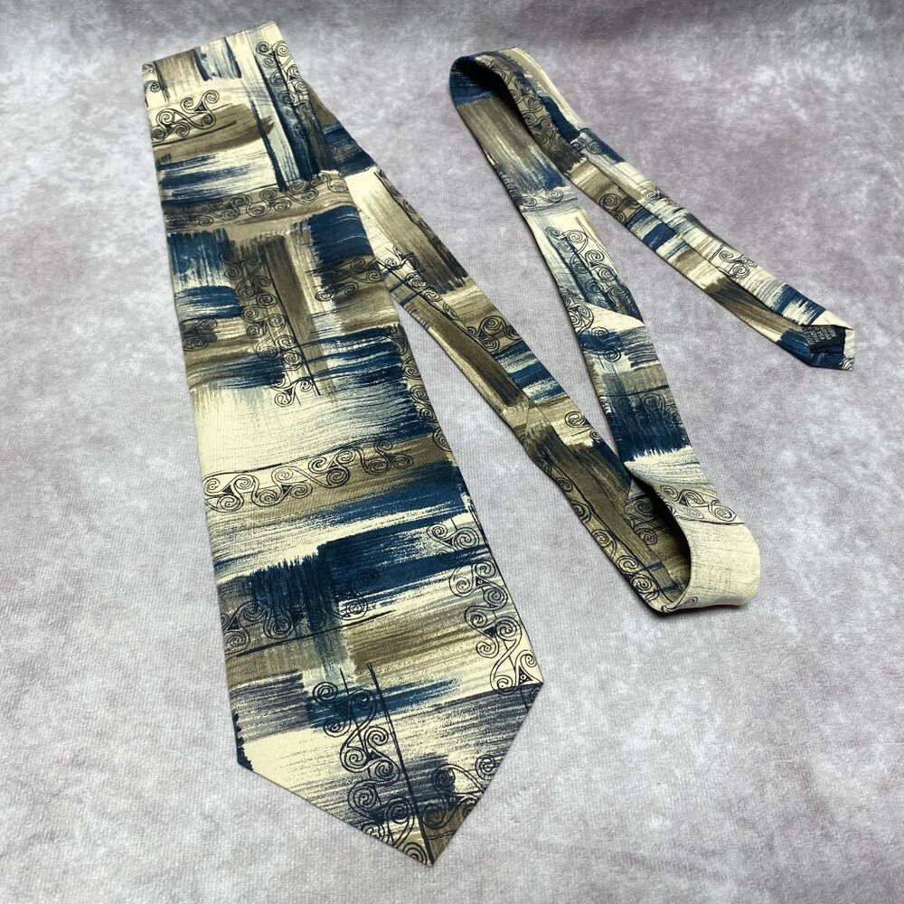 Weekender By Robert Stock Sandwashed Silk Neck Tie  Abstract Beige & Blue Swirls